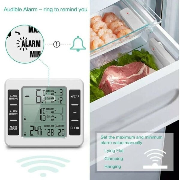 Kyl- och frystermometer, Trådlös kyltermometer med 2 sensorer, Ljudlarm, Min/Max, Inomhus/Utomhus-termometer för hemmet