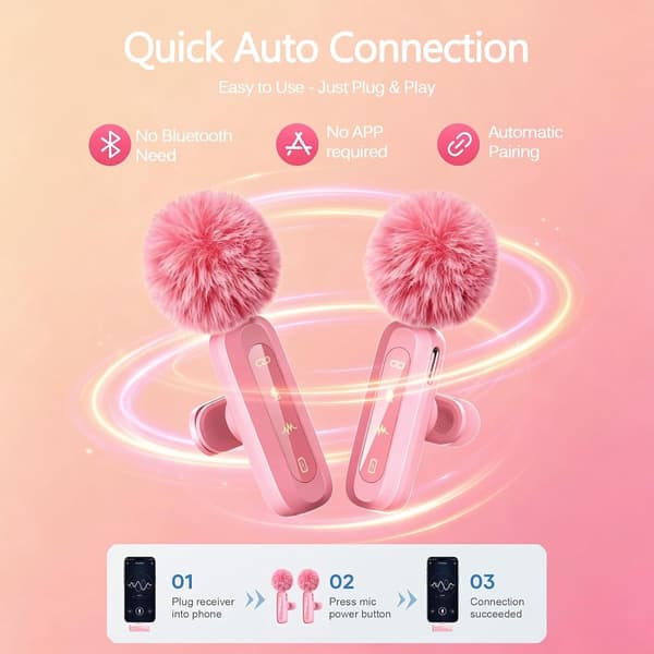 Trådlös myggmikrofon med brusreducering, Plug and Play 2,4 GHz lapelmikrofon för iPhone och Android, för vlogg och intervju, rosa