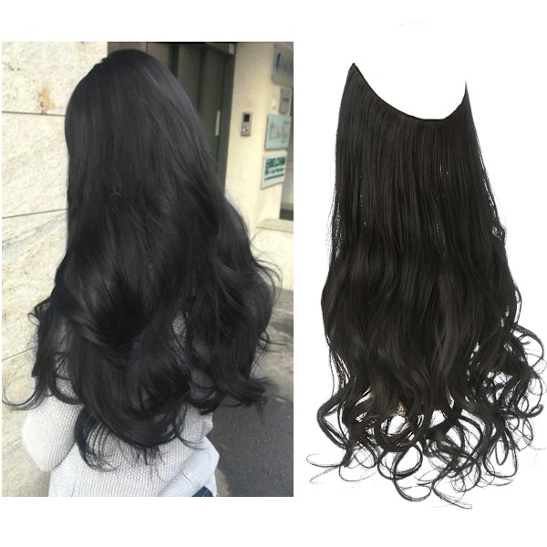 Syntetiska Ingen Clip Wave Hår Extensions Ombre Naturlig Svart Blond Rosa En Bit Falsk Hårpiece Fisk Linje Fake Hårstycken Off Black 18inches