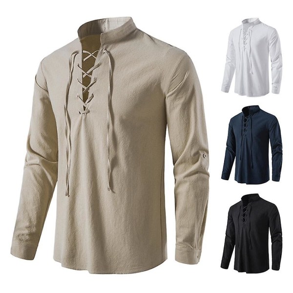 2049 Ny blus til mænd afslappet blus bomuld linneskjorta Toppar langærmad t-tröja Høst lutande knappslå Vintage White 2XL zdq