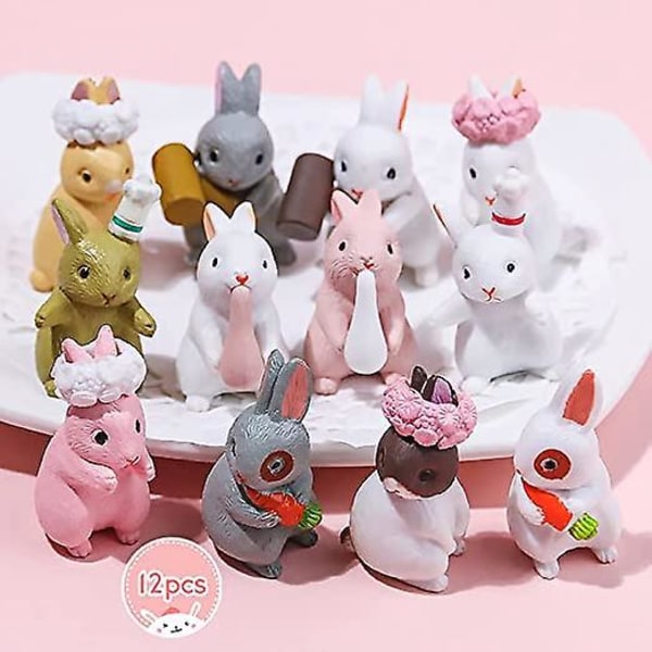 Miniatyr Kaninpynt*12, Mini Kaninfigur, Mini Kanindekorasjon, Kaninleke for Påskedekorasjon, Kaninfigurer, Miniatyr Kaninhage