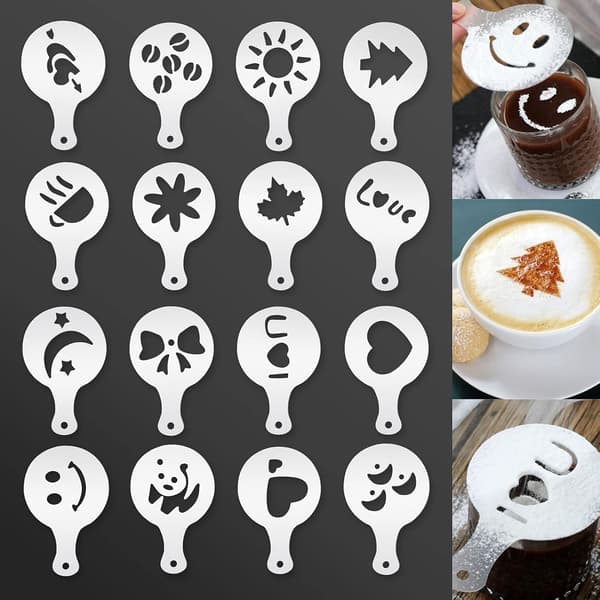 Mælkekande i 304 rustfrit stål 600 ml - 16 kaffedekorationsskabeloner + Latte Art Pen