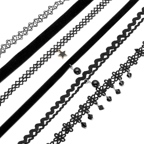 6 stk Kvinner Svart Fløyel Choker Halskjede Jente Blonder Choker Halskjede Svart One Size