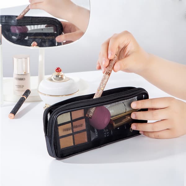 Transparent makeupværktøjsopbevaringspose, fint net, længde 23,5, bredde 9,5 cm