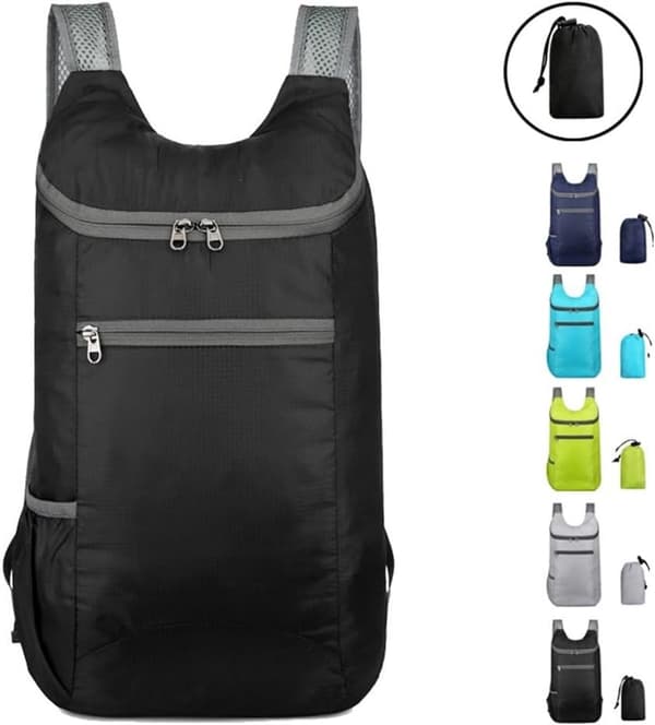 Sammenfoldelig Rejserygsæk, Letvægts Rivefast Nylon Med Polstrede Mesh-stropper, Til Vandreture Camping Dagsture, Sort, 20-35L