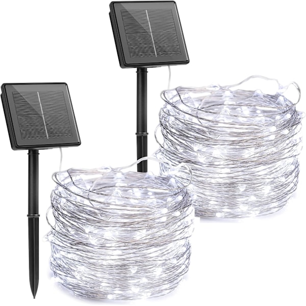 Solcellsdrivna utomhusljusslingor, 2-pack 12 meter 200 LED-lampor med 8 lägen Vattentät dekoration Koppartrådslampor för altan trädgård Pure White2