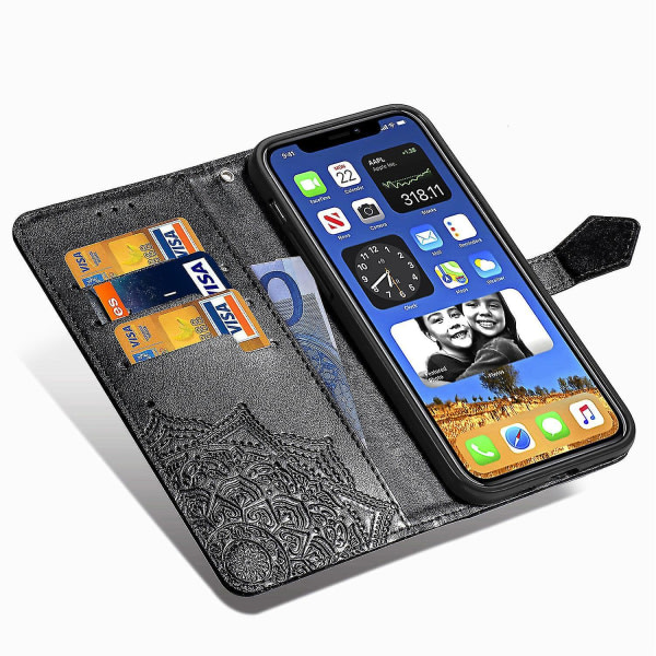 Kompatibel med Iphone 12 Pro Case Läder Cover Emboss Mandala Magnetic Flip Protection Støtsäker - Svart null ingen