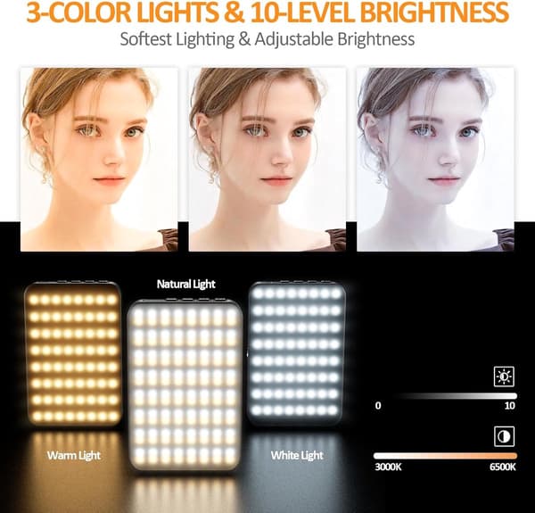 Magnetisk Clip-On LED Selfie Lys, 128 LED'er 3 Farvetemperaturer 10 Lysstyrkeniveauer, Fyldlys til Telefon Bærbar Webcam, Sort