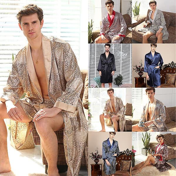 Herr Satin Silk Lyx Pyjamas Kimono Morgonrock Pjs Loungewear Blå Blue M
