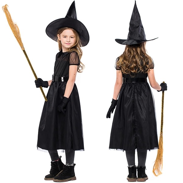Halloween-tytöt Witch Cosplay-hattu Handskar-asu Tyylikäs pukeutumisjuhla Kostym 8-9 vuotta