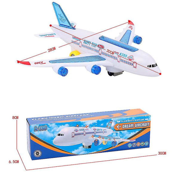Elektrisk flygplan med musikljus Ljudleksaksplan A380-ljus Passagerarflygplansleksak Blå