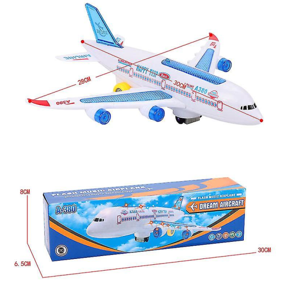 Elektriskt flygplan med musikljus Ljudleksaksplan A380-ljus Passagerarflygplansleksak Blå