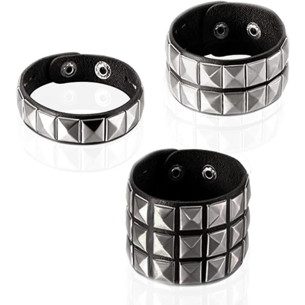 CDQ Splend Pack med 3 punklädernitarmband, metallarmband med dubbar, äkta smycken bred (22CM)