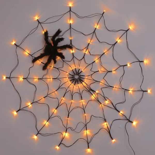 60 Orange LED-lys med sort edderkoppe, Halloween-dekorationer
