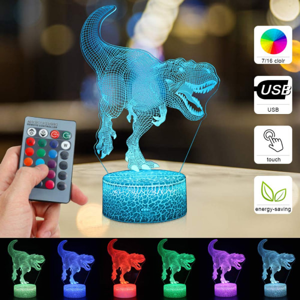 Dinosaur 3D Illusion lampa för pojke Dinosaurie lampa 16 färger med fjärrkontroll Smart Touch Nattlampa Bästa födelsedagspresent