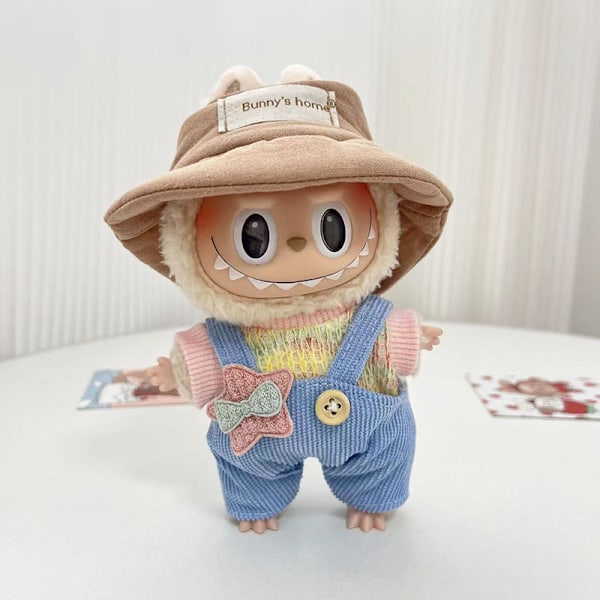 Stjärnklara blå overaller + liten hatt, (endast kläder) 17 cm hänge blindbox macaron Labubu Labubu Time to chill dockkläder