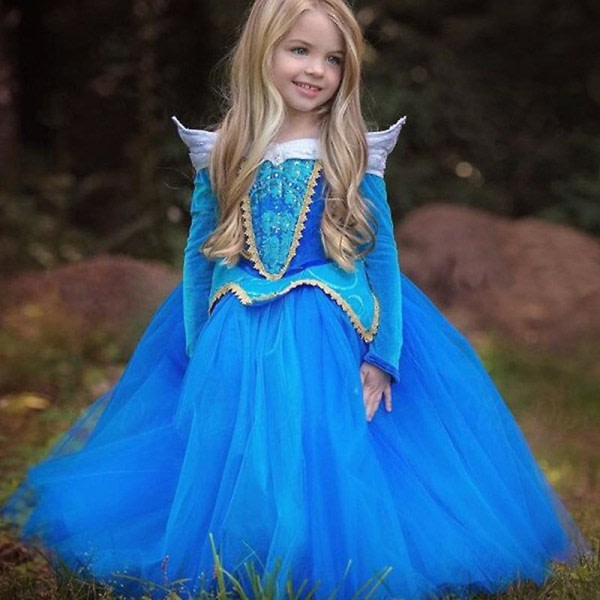 Aurora Törnrosa Cosplay prinsessekjole Barn jente Fancy Dress Up Party Kostym 7-8 år Blå