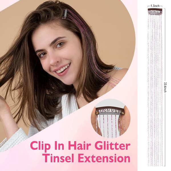Hårglimmer, sæt med 18 stk. lyserøde, glitter-extensions, varmebestandige, til kvinder, piger, børn