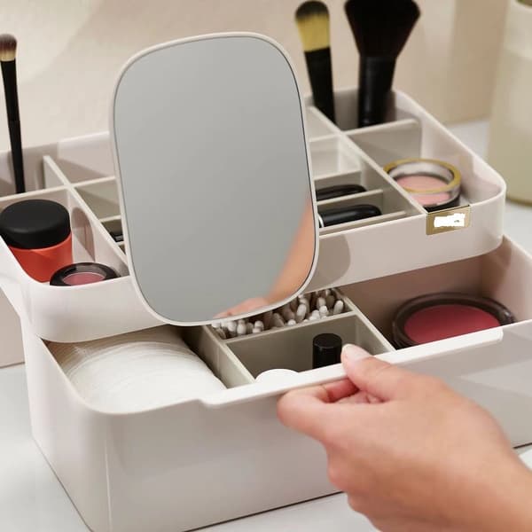Makeup-organizer med skuffe - spejl - creme - muslingedesign