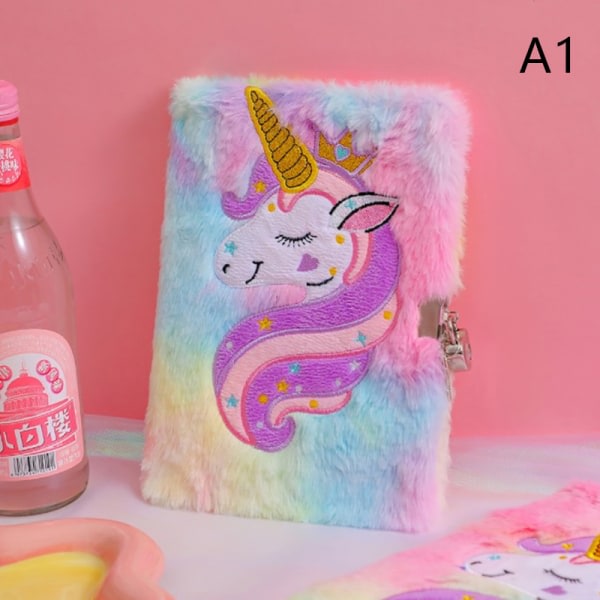 CDQ Tecknad Unicorn Notebook Plysch Handbok Med Lås För Barn Rosa