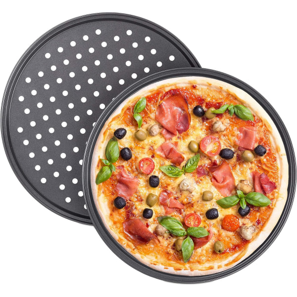 CDQ 2 x pizzabricka, tarttumaton beläggning, pizza & liekkikakku, kolstål, ∅ 32 cm