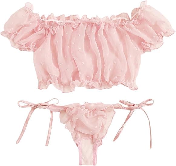 Dame selvbundet plissert jacquard mesh undertøysett sexy BH og truser