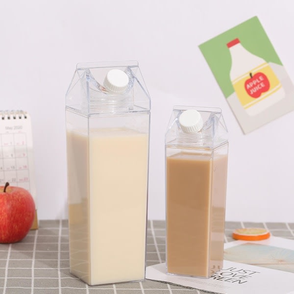 Mjölkkartong vattenflaska klar fyrkantig melkflaska Plast läckagesäker kopp 1000 ml, återanvändbar transparent melkkartong vattenflaska 2stk-500ml