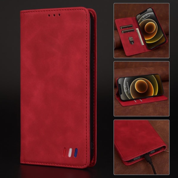 Yhteensopiva Iphone 12 Case Magnetstängning Plånbok Bok Flip Folio Stativ Visa Läderfodral Cover - Röd null none