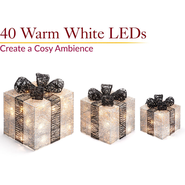 Set med 3 glittrande bomulls Light Up Julpaket Silver