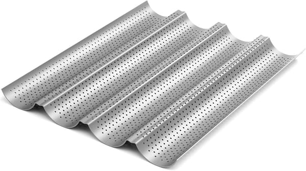 2-delt Baguette Bakeform - 38x33 cm - For 4 Baguetter - Perforert Rustfritt Stål - Non-stick Belegg - Sølv