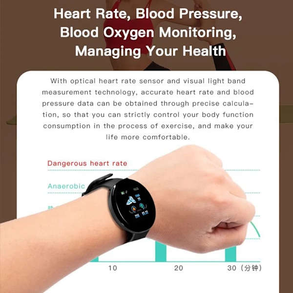 D18 Smartwatch Herr Dam Smartklocka Blodtryck Vattentät Digitala klockor Sport Fitness Tracker Klocka Kompatibel med Apple Watch Armband black