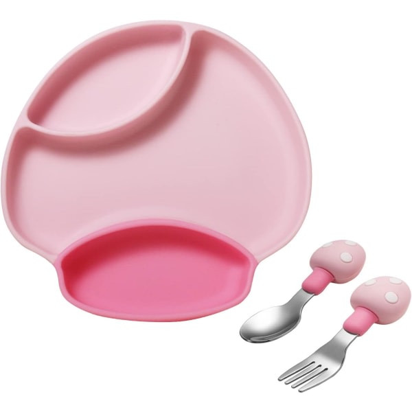 CDQ Barns silikon tegnet sød svamp mattallrik gaffel og sked (rosa) 3 stykker