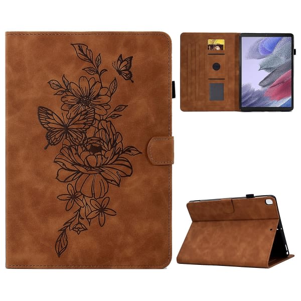 Skyddande case för Samsung Galaxy Tab A7 Lite 8,7-tums T220 / T225, fjärilsblommönster präglad Pu-läderstickningslinjeflik Brun