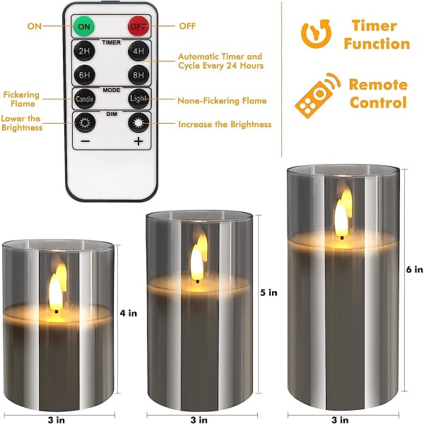 CDQ Set i grått glas, 3 delar (D: 3 \"XH: 4\"/5 \"/6\"), äkta flimmer batteridrivet ljus, äkta vax LED-kolonnljus, med fjärrkontroll med 10 knappar