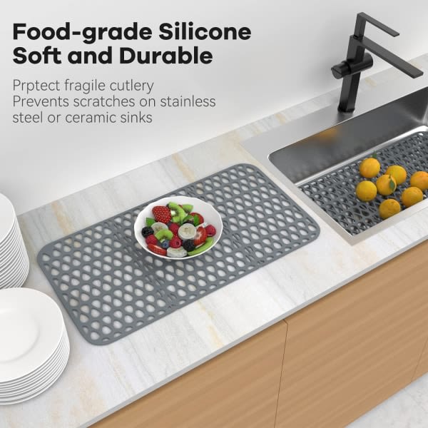 Diskunderlag i silikone til køkkenvask 26''x 14'', silikoneunderlag til bunden af rustfrit stål/porcelænsvask, sammenklappelig køkkenvaskunderlag