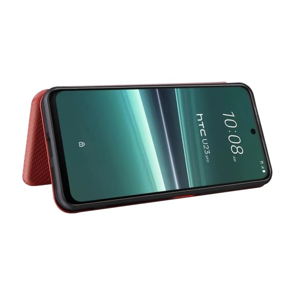 HTC U23 Pro 5G Telefonställ Case Carbon Fiber Texture Cover kortplats Ruskea