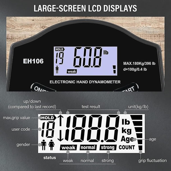 Greppstyrketestare, 396lbs/180kg Digital Hand Dynamometer Greppstyrkemätare USB LCD-skärm Hand