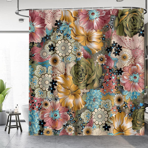Boho Blomster bruseforhæng Flerfarvede blomster printet boheme etnisk sæt med 12 kroge til badeværelse, 72\"×72\"