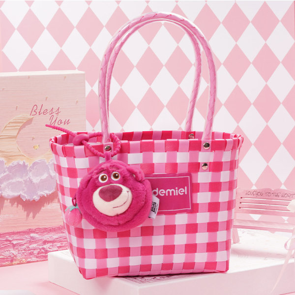 Lotso Strawberry Bear Vevd Tote Bag Kvinne Gjenbrukbar Handlepose Med Grønnsakskurv Strawberry Bear