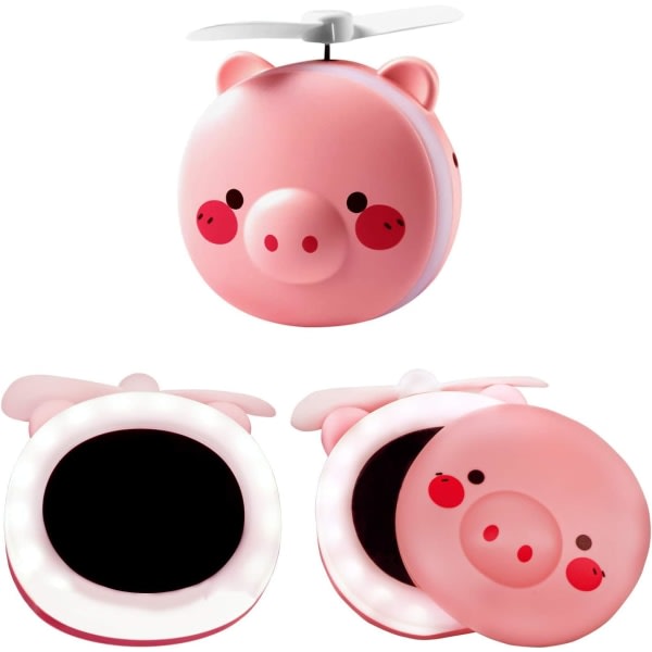2 i 1 Söt Piggy Mini Kosmetisk Fläkt LED Spegel Light Pig Cartoon