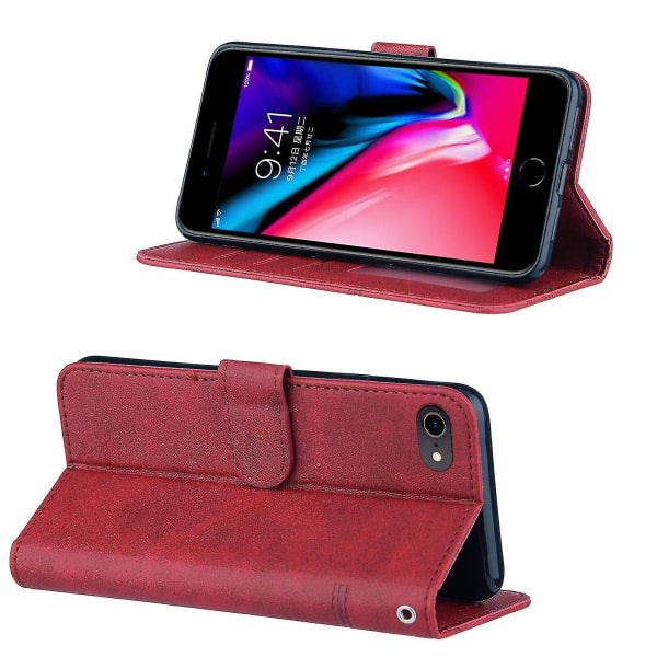 Kompatibel Iphone Se 2020 Case Läder Folio Cover Magnetic Premium Etui Coque - Röd null ingen