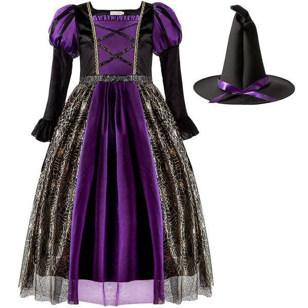 Barn Flickor Halloween Party Långärmad Gotisk Häxklänning med hatt Prestanda Fancy Dress Up Kostym 4-5 år