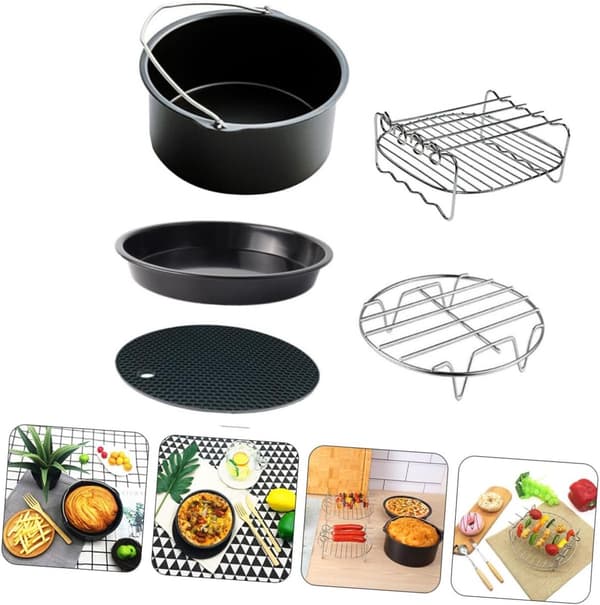 Airfryer tilbehørssæt, 5-delt bageform, kurv og riste, tåler opvaskemaskine, til 2,3 til 3,2 L airfryere, 6-tommer, sort
