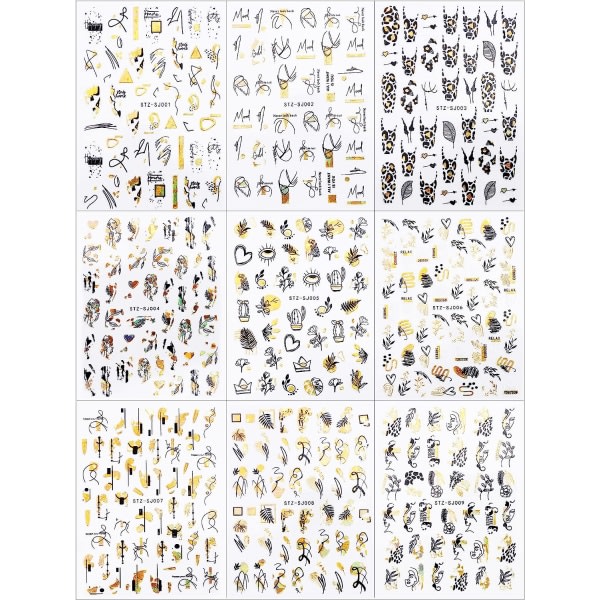CDQ 9 ark abstrakt linje nagelklistermærke selvhæftande dam ansigte blommor palmblad (guld, sort) Sort