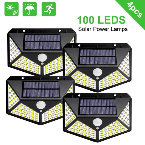 4x 100 LED Solar Light Solar Lamp Väggljus Rörelsesensor