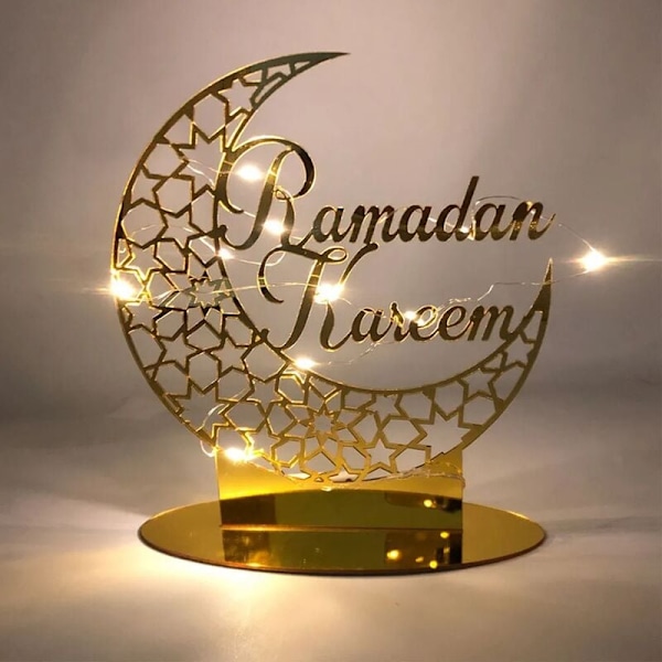 EID Mubarak -replika, kultainen akryyli pöytäkoriste Ramadanille LED-valoilla, muslimien koriste, Ramadanin koriste