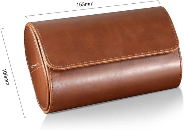 Dubbel klockfodral, PU-läder klockorganisatör med mjukt foder, reseförvaring för män, brun, 15 x 7,5 x 8,5 cm