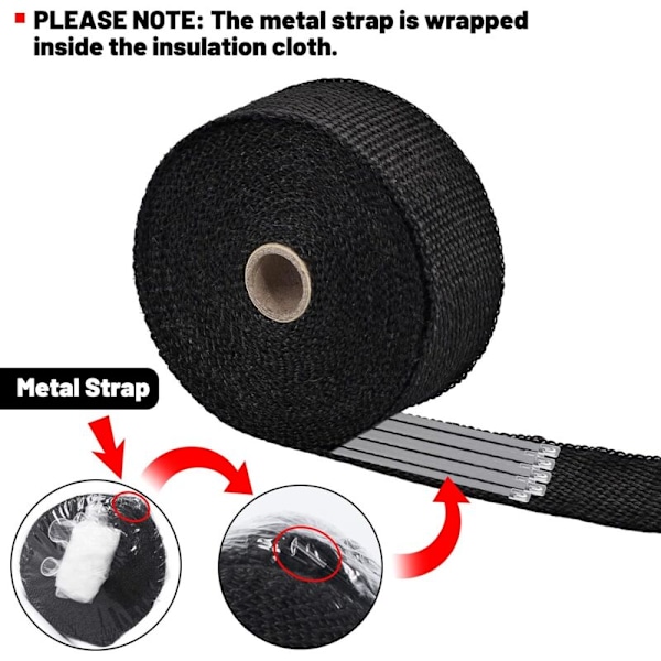 Varmebestandig Tape, 15M50MM Udstødningsmanifoldisolering Tape, Varmeisolering Tape med 10 Rustfrie Spændebånd, til Motorcykel Udstødningsmanifolder og Udstødningssystemer