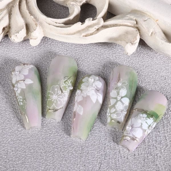 Blomster Nageldekaler för Kvinnor 3D Självhäftande Nageldekorationer Trendig Vit Blomma Körsbärsblom Gardenia Nagel 8 Ark