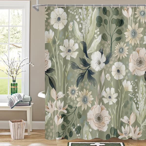Grönt Blommigt Duschdraperi, Sommarväxtblad Tyg Duschdraperier för Chic Elegant Badrumsinredning, Modern Ab